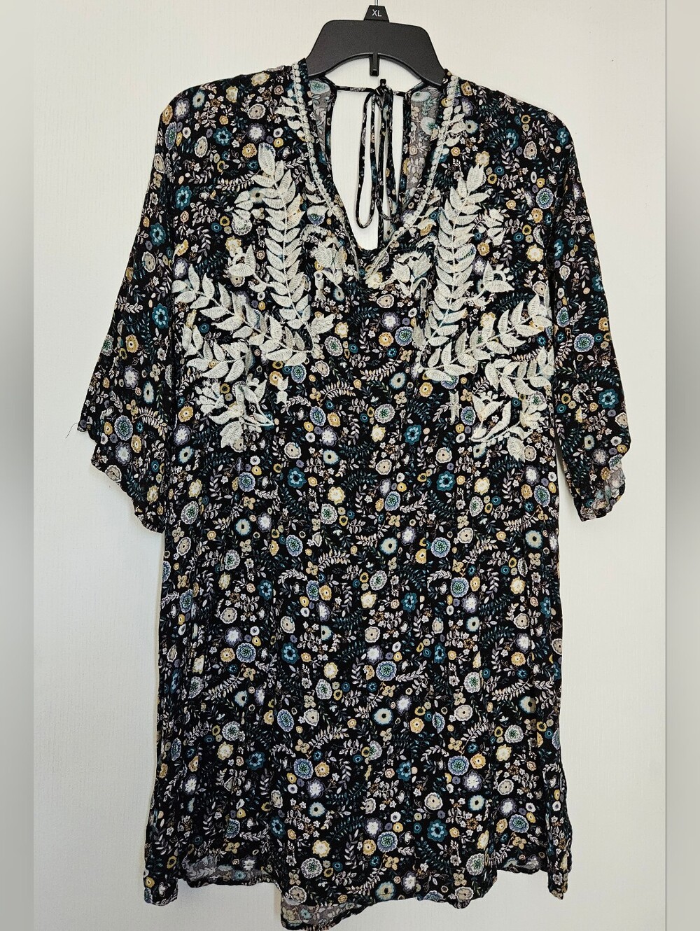 90s Cottagecore Whimsical Black Floral Short Dress, White Embroidery, XL, 10-14